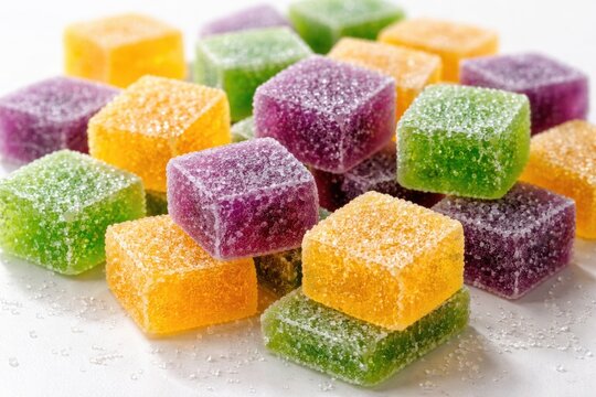 Assorted colorful square gummy treats positioned on a white surface highlighting hues of yellow purple and green