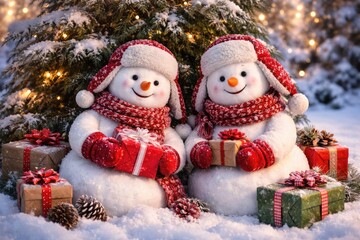 Fototapeta premium Cheerful snowmen in red ear flap hats and warm mittens resting by a tree surrounded by presents