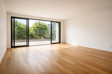 Fototapeta premium Vacant living space with natural wood floors and large glass doors framing front balcony