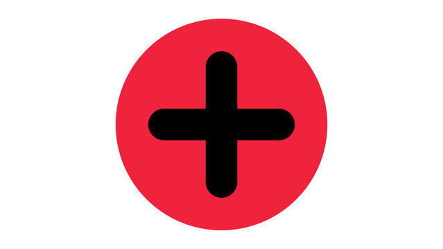 Black plus sign inside a red circle on a white background with positive mathematics calculation medicine healthcare isolated geometric addition increase information measurement contrast