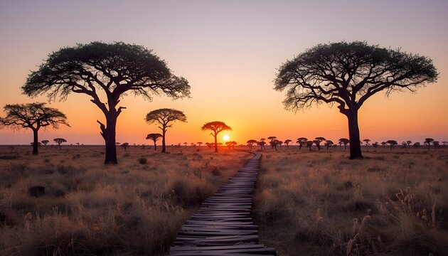 A serene savannah landscape at sunset with a wooden boardwalk leading through tall trees and dry grass