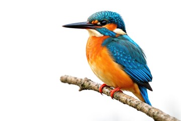 Obraz premium Bright kingfisher sitting calmly on a twig in front of white space