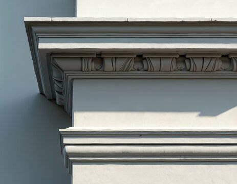 Exterior corner of building facade with decorative plaster cornice molding. Sunlight casts shadow on textured wall, showing classic architectural detail and smooth surface.