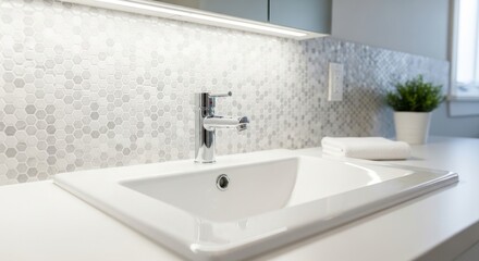 Fototapeta premium Modern Bathroom Sink with Elegant Mosaic Tile Backsplash and Green Plant.