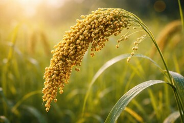 Fototapeta premium Close up of proso millet plant with hazy yellow green background