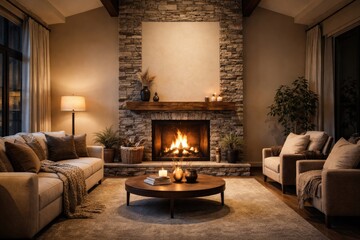 Naklejka premium Cozy modern living room with a tall stone fireplace and warm fire plus empty copy space for custom text