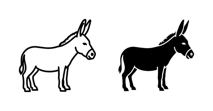 Donkey line art and silhouette vector icons