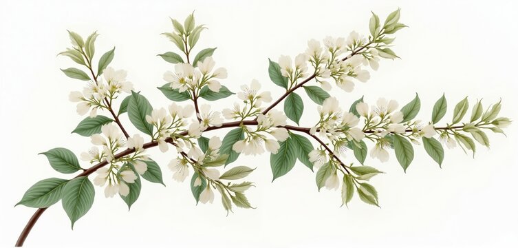 Delicate white robinia flowers and green leaves on a dark branch. This spring blossom botanical illustration details a healthy plant sprig against a white background, offering natural beauty.