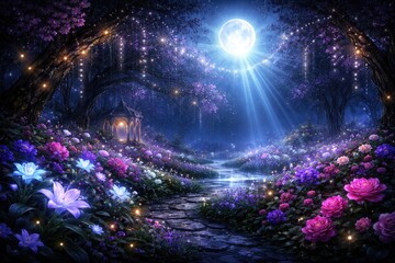 Naklejka premium Fairytale fantasy scene featuring glowing moon rays and a mystical flower garden