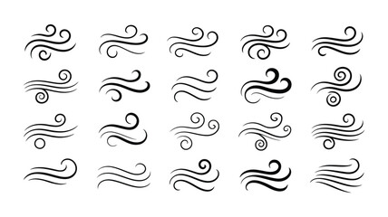 Fototapeta premium Hand drawn wind motion doodle vector set, abstract swirl, air blow, and smoke flow sketch lines illustrating movement, airflow, speed, and dynamic effects for design elements and backgrounds