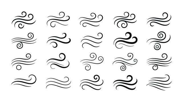 Hand drawn wind motion doodle vector set, abstract swirl, air blow, and smoke flow sketch lines illustrating movement, airflow, speed, and dynamic effects for design elements and backgrounds