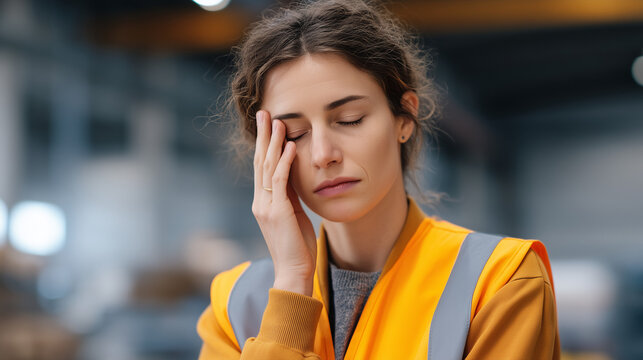 Woman in industrial setting receiving medical exam at occupational health station, chronic fatigue syndrome workplace accommodation, ME CFS occupational health assessment, invisible illness employme
