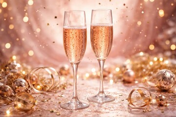 Fototapeta premium Two elegant glasses of bubbly pink champagne surrounded by shimmering confetti and festive decor on a delicate blurred scene