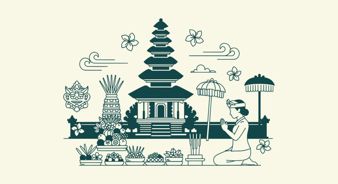 Traditional Balinese Hindu Culture Illustration with Temple Prayer and Offerings Line Art Vector