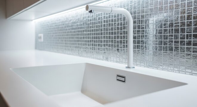 Modern White Kitchen Sink with Sleek Faucet and Wire Mesh Backsplash.