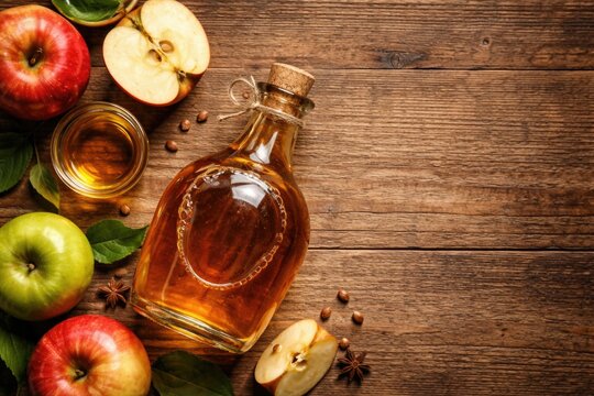 Top view of glass bottle containing fermented diet apple cider vinegar on wooden backdrop with copy space