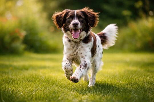 Happy Small Munsterlander pet running on lush green lawn during warm summer day full length view