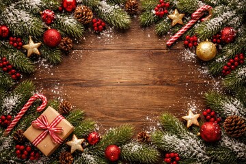 Fototapeta premium Winter themed Christmas card with fir branches and decorations on wooden surface copy space