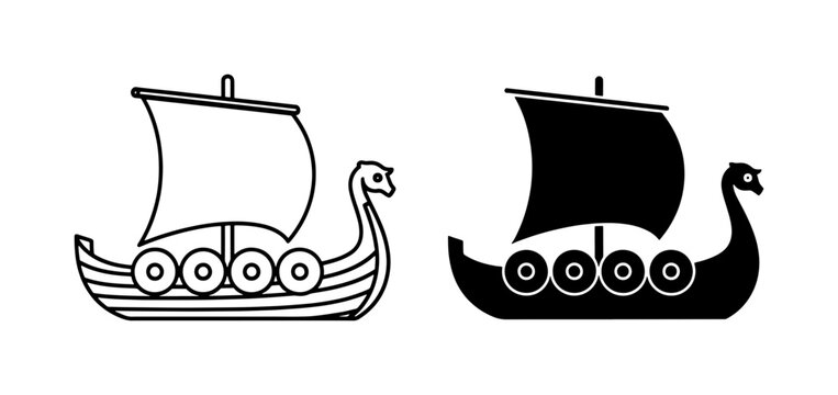 Viking Longship Icon Set with Dragon Head and Sail