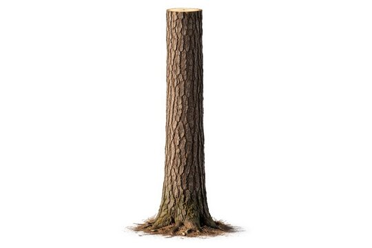 Lone tree trunk positioned upright against a white background