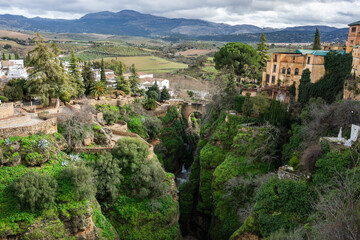 Obraz premium High angle panoramic view of the lush El Tajo gorge in Ronda with white houses and historic architecture perched on steep limestone cliffs.