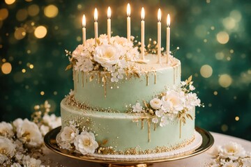Fototapeta premium Elegant mint green birthday cake adorned with white blossoms and golden details with glowing candles on an emerald bokeh background