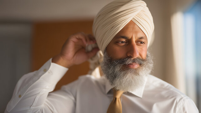 Indian Sikh man in turban adjusts his dastar in office bathroom mirror before returning to corporate meeting, professional identity faith expression workplace, South Asian business professional reli