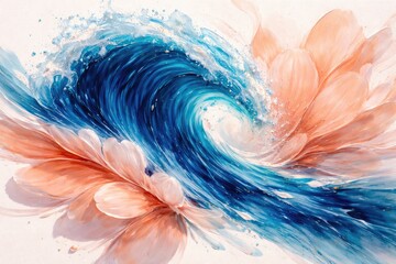 Fototapeta premium Mesmerizing electric blue wave in liquid paint on white canvas mimicking soft peach petal details in vivid artwork