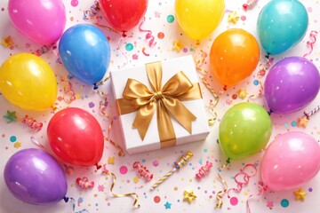 Fototapeta premium Brightly colored balloons paired with a gift box in a celebratory flat lay style