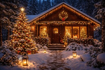 Fototapeta premium Cozy winter cabin with traditional Christmas decorations inside and outside creating festive eve ambiance