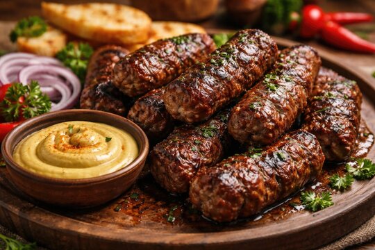 Savory Romanian mititei meat rolls accompanied by mustard sauce