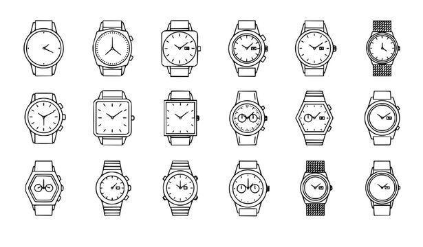 Minimal wristwatch outline icons set with different watch shapes and straps linear vector illustration isolated on white background