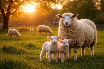 Fototapeta premium Contented pet sheep and young lambs roaming full length on verdant lawn at sunset