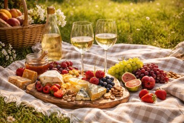 Fototapeta premium Cheerful picnic scene with wine glasses, assorted fruits, berries, and cheese on a meadow blanket