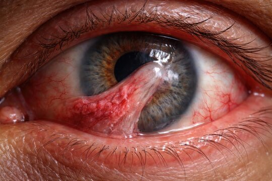 High magnification photograph showing advanced pterygium on the eye surface