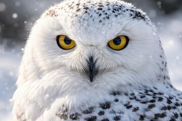 Obraz premium Extreme close up portrait of a snowy owl with detailed feathers