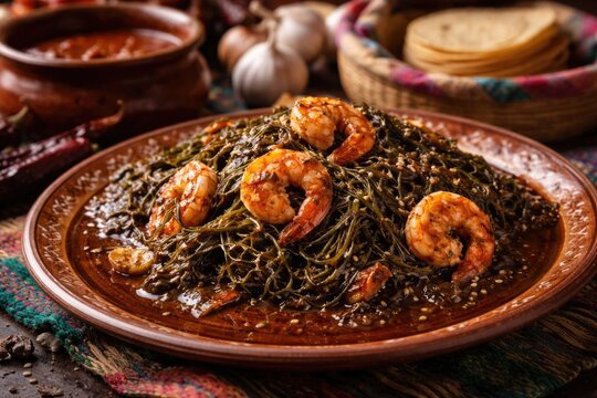 Authentic Mexican romeritos dish featuring mole sauce and succulent shrimp with rich cultural heritage