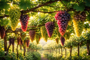Fototapeta premium Bunches of fresh grapes dangling from green vine trellises in a flourishing vineyard