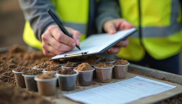 Worker in yellow vest records soil sample data in clipboard. Small plastic cups hold dirt samples. Scientific analysis for construction site prep. Professional research.