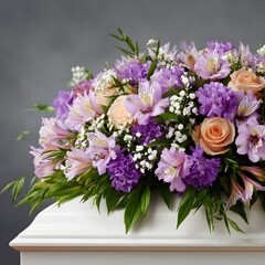 Fototapeta premium Colorful flowers cover the top of a casket during a funeral service