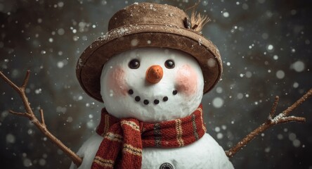 Fototapeta premium Vintage snowman image with hat and scarf showing a happy and cheerful mood