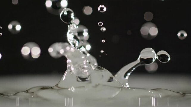 Macro of clear water droplets splashing and forming artistic shapes on liquid surface against dark background with light glints, concept for hydration, nature and scientific laboratory