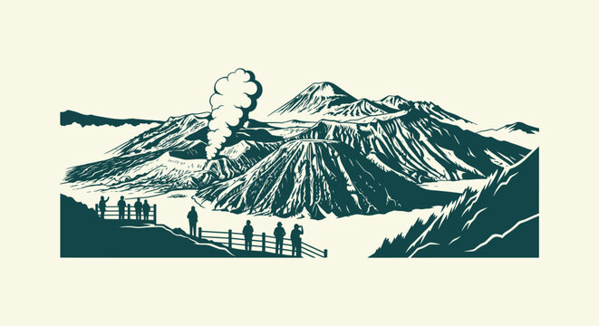 Mount Bromo Volcano Illustration with People Watching Smoke and Mountain Landscape in Java Indonesia
