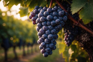 Fototapeta premium Close up of ripe Malbec grapes on vine in vineyard