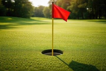 Obraz premium Golf cup with vibrant red flag marking the hole on grass