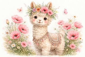 Fototapeta premium Delightful hand painted illustration of a cute llama with floral decorations styled for children on a white canvas featuring wild animals and pink poppies