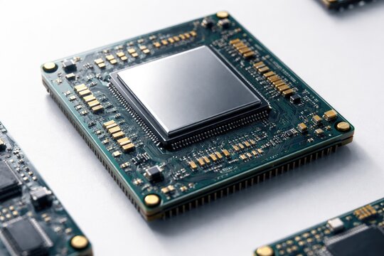 Close up of a computer processor chip on a clean white surface