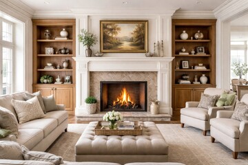 Naklejka premium Spacious new house design showcasing a traditional fireplace with elegant built in shelves