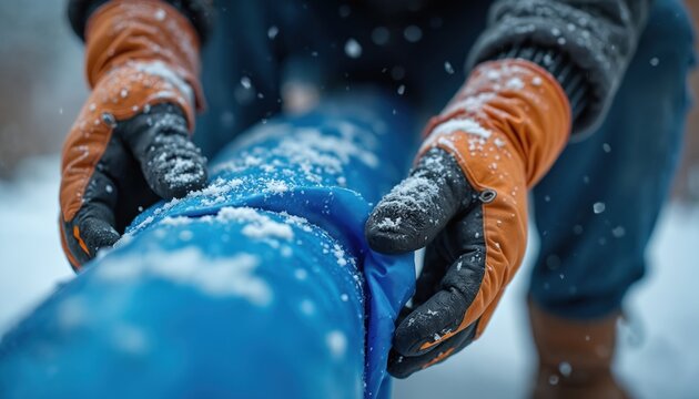 Person in orange gloves wraps blue pipe with insulation material. Snow falls during winter work outdoors. Hands protect pipes from freezing cold.