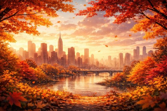 Autumn themed parallax background with vibrant city skyline silhouette
